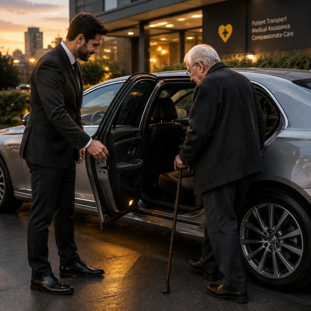 Chauffeur Taxi Sam accompagnant un patient vers le véhicule